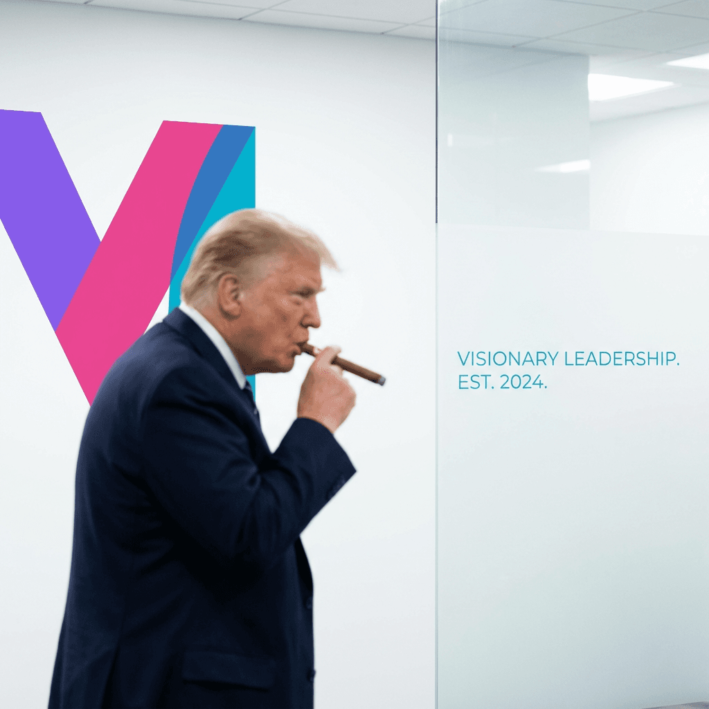 A picture of Donald Trump smoking a cigar Use these brand colors harmoniously: primary #8B5CF6, secondary #EC4899, accent #06B6D4. Style: Clean, minimal, corporate aesthetic with refined typography.