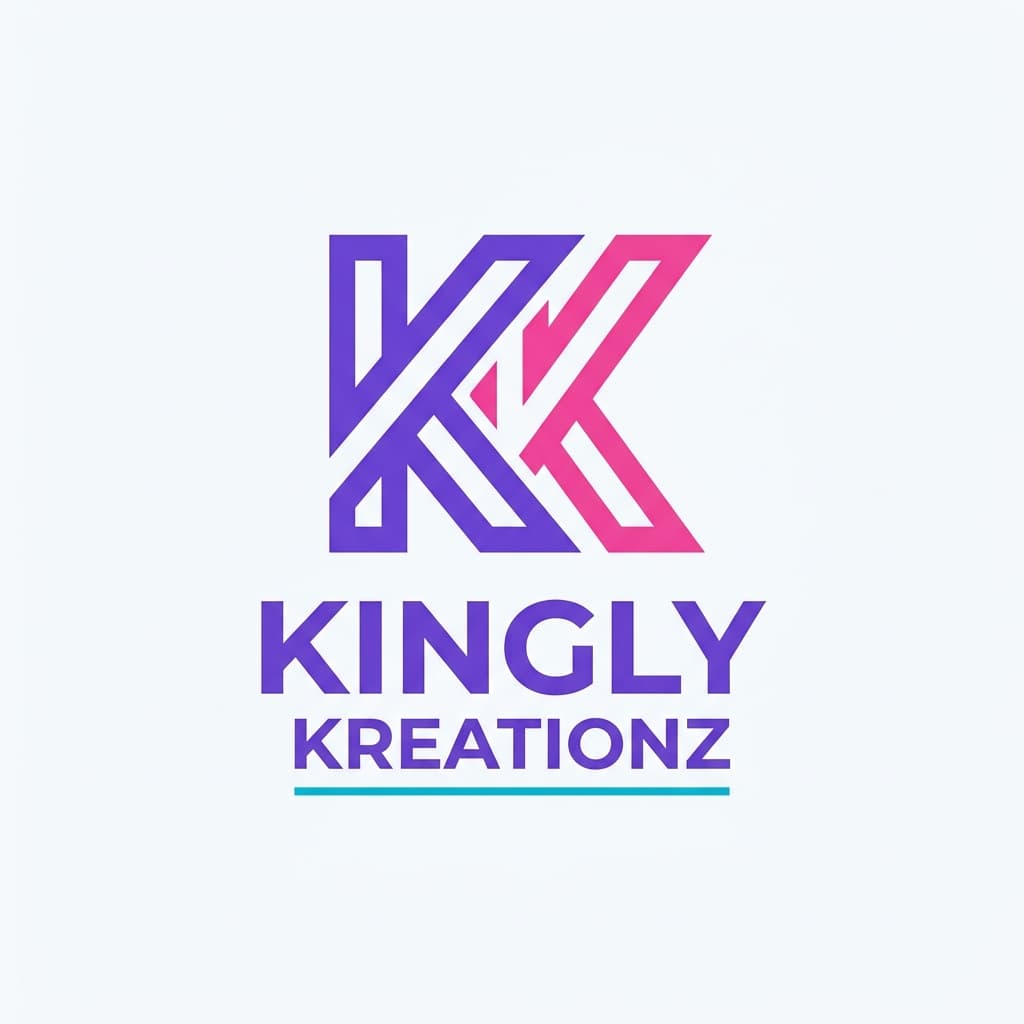 A modern logo for Kingly Kreationz, incorporating the initials "KK" in a clean, geometric design, using the brand's secondary color #EC4899. Logo design, memorable, scalable, professional. Use these brand colors harmoniously: primary #8B5CF6, secondary #EC4899, accent #06B6D4. Style: Clean, minimal, corporate aesthetic with refined typography.