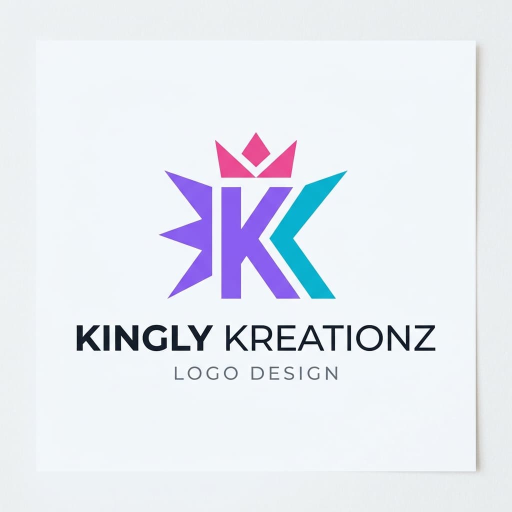 minimalist abstract geometric logo for Kingly Kreationz Logo design, memorable, scalable, professional. Use these brand colors harmoniously: primary #8B5CF6, secondary #EC4899, accent #06B6D4. Style: Clean, minimal, corporate aesthetic with refined typography.