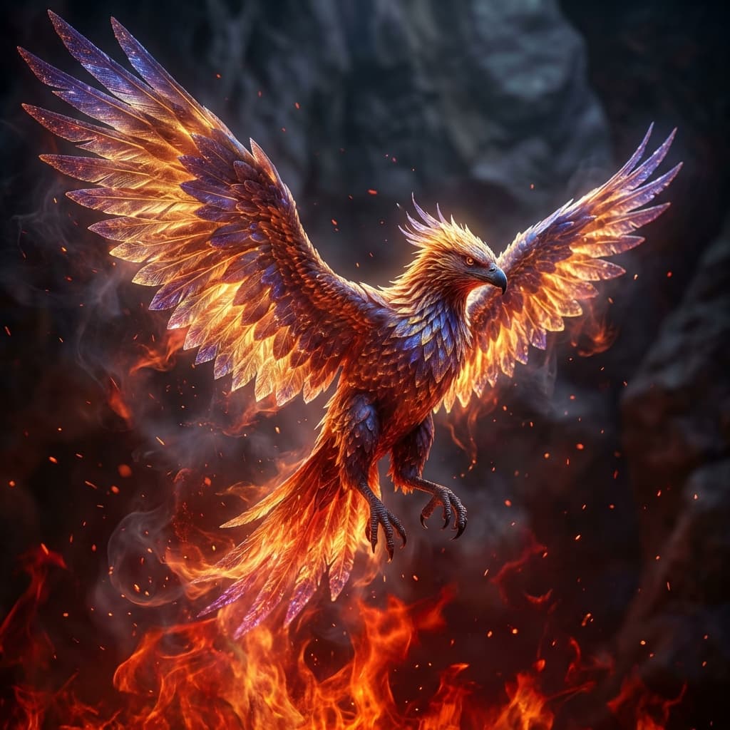 /imagine prompt: A breathtaking, hyper-realistic photograph of a majestic phoenix, captured mid-ascension from intensely vibrant, flickering flames. The phoenix's feathers glow with an otherworldly luminescence, transitioning from fiery oranges and reds at its base to brilliant golds and iridescent purples at its tips. Each individual feather is sharply defined, showcasing intricate textural detail. Wisps of smoke and embers curl dynamically around its powerful wings, illuminated by the inferno below. The scene is bathed in a dramatic, high-contrast light, casting deep shadows and highlighting the phoenix's ethereal form against a subtly blurred, dark background. Shot with a Hasselblad X1D II 50C, 80mm f/1.9 lens, ISO 100, 1/2000s shutter speed, utilizing advanced photogrammetry techniques for unparalleled realism. Ultra-detailed, cinematic quality, 8K resolution, volumetric lighting, hyper-realistic rendering.