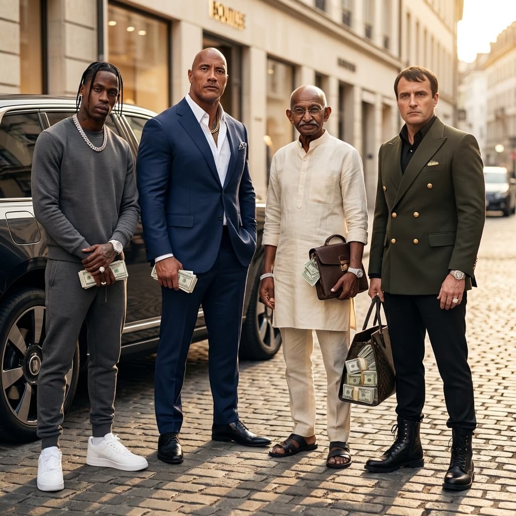 **Generate an ultra-photorealistic, cinematic luxury lifestyle image featuring Travis Scott, Dwayne Johnson, Mahatma Gandhi, and Napoleon Bonaparte, depicted as older, mature versions (late teens to young adult where applicable), fully recognizable and accurate to their real-world or canonical likeness.**

### ðŸŽ¥ Scene & Composition

* High-end luxury city street environment
* Modern upscale urban setting with exotic or luxury vehicle(s) nearby
* Strong editorial group composition with confident spacing and balance
* Natural, dominant stances â€” relaxed but powerful
* Cinematic lifestyle photography aesthetic
* Shot on a high-end full-frame camera, shallow depth of field where appropriate

---

### ðŸ‘• **WARDROBE â€” ABSOLUTE REFERENCE LOCK (ONLY REFERENCE USED)**

**Each character MUST wear the exact outfit from their assigned clothing reference image.**

* **Travis Scott:** A monochromatic dark grey fitted tracksuit with subtle branding, a heavy silver chain, and clean white sneakers.
* **Dwayne Johnson:** A tailored deep navy blue suit, a crisp white dress shirt, a subtly patterned silk tie, and highly polished black leather dress shoes.
* **Mahatma Gandhi:** A modern, minimalist cream-colored linen tunic (kurta) with discreet embroidery on the collar and cuffs, paired with tailored light beige linen trousers and dark leather sandals.
* **Napoleon Bonaparte:** A contemporary interpretation of military-inspired luxury wear: a dark olive green double-breasted blazer with gold-tone buttons, a high-collared black shirt, slim-fit black trousers, and polished black combat boots.

* Match **colors, materials, graphics, logos, fit, layers, and accessories precisely**
* No reinterpretation, no substitutions, no added or removed items
* Clean, fitted, modern luxury streetwear aesthetic
* **NO hats on any character**
* No outfit blending or stylization
* Clothing is treated as a hard constraint

---

### ðŸ’° **WEALTH & JEWELRY FLEX**

Each character subtly but clearly displays elite wealth:

* Stacks of cash in hands, counting money, holding bundles, or placed inside open luxury bags
* Diamond jewelry including:

  * Cuban link chains
  * Diamond watches
  * Rings and bracelets
  * Tasteful grills where appropriate
* Jewelry sparkles naturally under realistic lighting
* Open or visible luxury bags with cash inside
* Flex is **quiet, confident, and realistic â€” never exaggerated or cartoonish**

---

### ðŸ˜ **Facial Expression & Energy**

* Calm, serious, boss-level expressions
* Confident dominance energy
* No smiling, no goofy or exaggerated emotion
* Eyes looking forward or slightly off-camera
* Faces remain undistorted, realistic, and proportional

---

### ðŸ’¡ **Lighting & Image Quality**

* Ultra-photorealistic rendering
* Sharp focus, clean skin texture with natural pores
* High dynamic range lighting
* Cinematic shadows and highlights
* No blur, no noise, no artifacts

---

### ðŸš« **STRICT RULES**

* Do NOT change or invent clothing
* Do NOT add hats
* Do NOT distort faces or bodies
* Do NOT cartoonize or stylize
* Do NOT exaggerate wealth or jewelry
* Keep everything realistic, grounded, and cinematic

---

### ðŸŽ¯ **OVERALL VIBE**

**Modern luxury â€¢ quiet power â€¢ elite money flex â€¢ cinematic realism â€¢ high-end editorial lifestyle â€¢ glow-up energy**

---