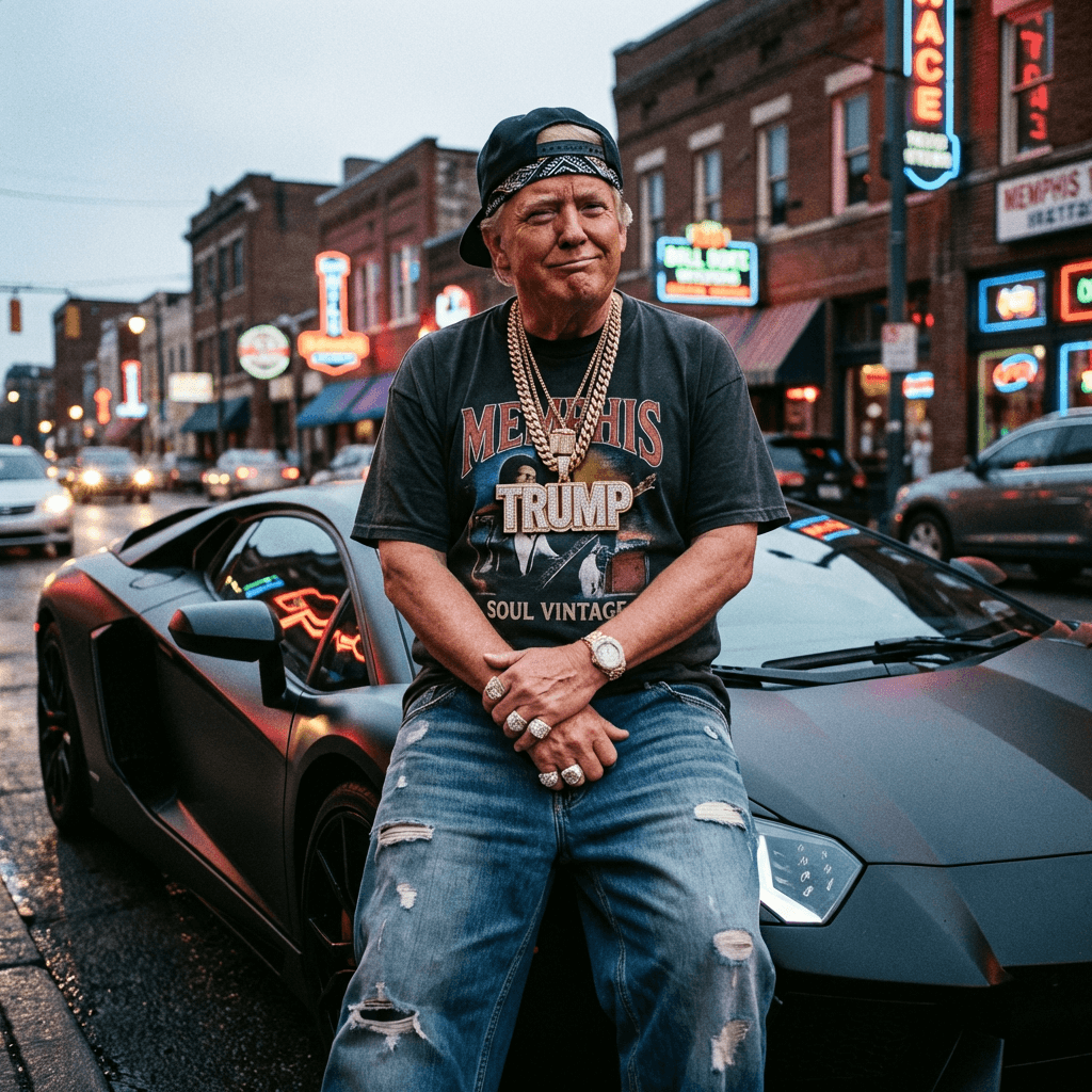 Highly detailed, hyperrealistic photograph of Donald Trump, transformed into a Memphis rapper. He is adorned with multiple thick gold chains, a diamond-encrusted pendant, and a stack of rings on every finger. His attire consists of oversized, baggy designer streetwear – a vintage graphic tee, distressed denim jeans, and high-top sneakers. A vibrant, patterned bandana is tied around his head, peaking out from under a snapback cap worn backward. His expression is confident and slightly defiant, with a subtle smirk. He stands authoritatively beside a sleek, matte black Lamborghini Aventador, its sharp lines and aggressive stance reflecting the dramatic lighting. The scene is bathed in dramatic, cinematic lighting, with strong contrasts between deep shadows and brilliant highlights, emphasizing the textures of the jewelry, fabric, and car. The background is a subtly blurred, gritty urban street at twilight, with neon signs casting pops of color. Shot with a high-end full-frame DSLR, 85mm prime lens, f/1.8 aperture, ISO 100, 1/200s shutter speed. Ultra-photorealistic, 8K, highly detailed, sharp focus, cinematic color grading.