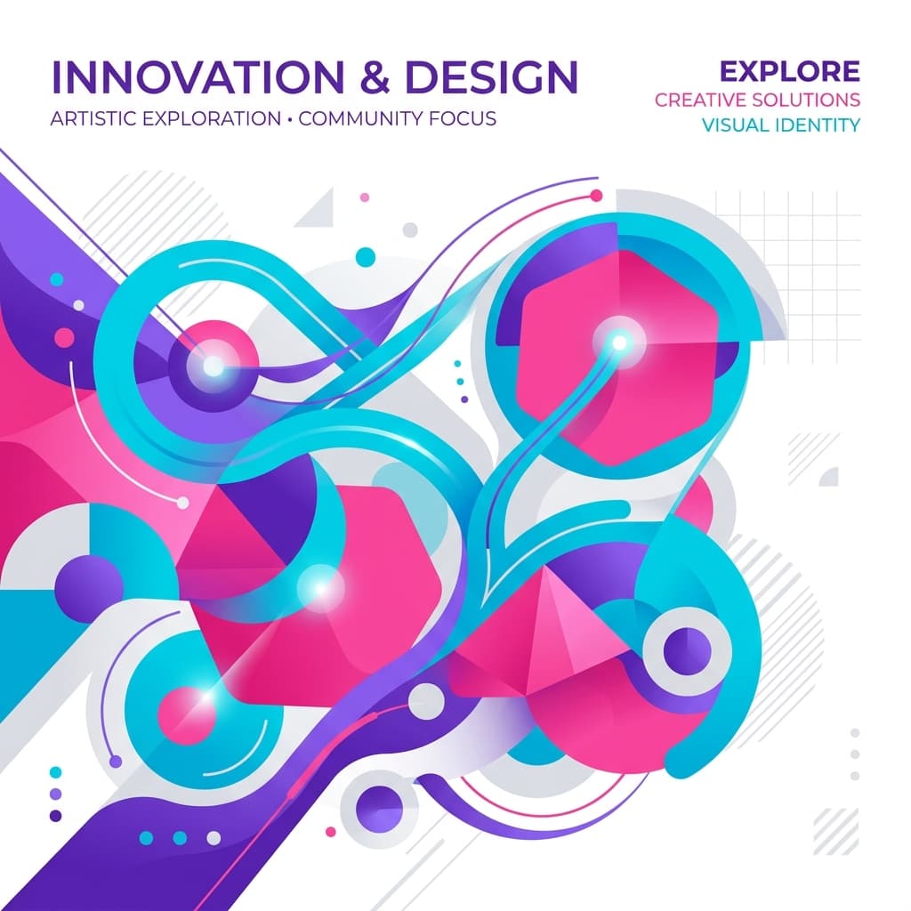 Abstract vibrant illustration with geometric shapes and flowing lines, using a modern and playful style. The colors should incorporate purple, pink, and cyan. Custom illustration, artistic, unique style. Use these brand colors harmoniously: primary #8B5CF6, secondary #EC4899, accent #06B6D4. Style: Clean, minimal, corporate aesthetic with refined typography.