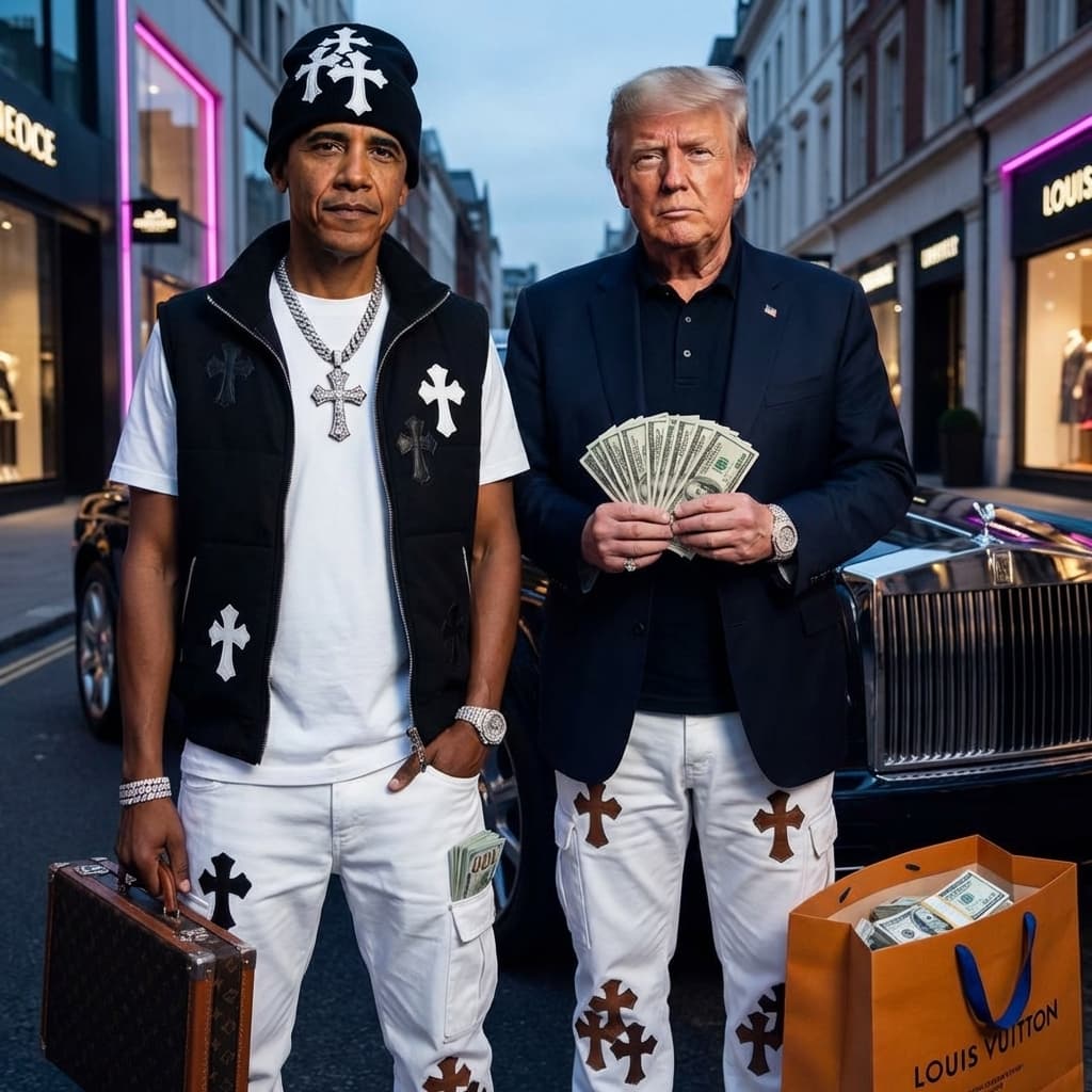 Generate an ultra-photorealistic, cinematic luxury lifestyle image featuring **Barack Obama and Donald Trump**, depicted as older, mature versions, fully recognizable and accurate to their real-world likeness, within a sophisticated, high-end urban environment.

### ðŸŽ¥ Scene & Composition

*   High-end luxury city street environment at twilight, with subtle neon glows from nearby establishments.
*   Modern upscale urban setting with a parked, sleek, dark-colored luxury sedan or sports car in the background (e.g., Rolls-Royce, Bentley, Maybach).
*   Strong editorial group composition, Obama and Trump standing side-by-side but with a sense of individual gravitas, creating a balanced and powerful visual.
*   Natural, dominant stances â€” Obama with a calm, composed posture, Trump with his characteristic assertive stance. Both appear relaxed but undeniably powerful.
*   Cinematic lifestyle photography aesthetic, capturing the grandeur of the setting and the figures.
*   Shot on a high-end full-frame camera, with a shallow depth of field softly blurring the background to emphasize the figures.

---

### ðŸ‘• **WARDROBE â€” ABSOLUTE REFERENCE LOCK (ONLY REFERENCE USED)**

**Barack Obama MUST wear the exact outfit from Reference Image 1.**
**Donald Trump MUST wear the exact outfit from Reference Image 2.**

*   Match **colors, materials, graphics, logos, fit, layers, and accessories precisely**
*   No reinterpretation, no substitutions, no added or removed items
*   Clean, fitted, modern luxury streetwear aesthetic.
*   **NO hats on any character**
*   No outfit blending or stylization
*   Clothing is treated as a hard constraint

---

### ðŸ’° **WEALTH & JEWELRY FLEX**

Each character subtly but clearly displays elite wealth:

*   **Obama:** One hand casually resting near the pocket of a luxury pant style where a thick roll of hundreds is subtly visible. A diamond-studded Patek Philippe or Audemars Piguet on his wrist. A sophisticated, closed luxury briefcase (e.g., Hermes, Rimowa) at his feet or held loosely.
*   **Trump:** Holding a small, fan-shaped stack of high-denomination currency ($100 bills) as if just glancing at them, not overtly counting. A significant diamond-encrusted yellow gold watch (e.g., Rolex Day-Date) on his wrist. A large, open luxury shopping bag (e.g., Louis Vuitton, Gucci) next to him, with more cash bundles visible inside, along with a glimpse of a fine leather wallet.
*   Diamond jewelry including: discreet Cuban link chains under their shirts (if the neckline allows), diamond rings (e.g., signet rings), and bracelets.
*   Jewelry sparkles naturally under realistic, diffused street lights and vehicle reflections.
*   Flex is **quiet, confident, and realistic â€” never exaggerated or cartoonish**

---

### ðŸ˜ **Facial Expression & Energy**

*   Calm, serious, boss-level expressions. Obama exuding his characteristic thoughtful calm, Trump with his confident, slightly stern gaze.
*   Confident dominance energy emanating from both.
*   No smiling, no goofy or exaggerated emotion.
*   Eyes looking forward or slightly off-camera, conveying a sense of presence and control.
*   Faces remain undistorted, realistic, and proportional, capturing their distinct features accurately.

---

### ðŸ’¡ **Lighting & Image Quality**

*   Ultra-photorealistic rendering with incredible detail.
*   Sharp focus on both figures, crisp skin texture with natural pores and subtle age lines adding to their maturity.
*   High dynamic range lighting: The twilight setting allows for deep, rich shadows balanced with sophisticated highlights bouncing off car chrome, polished surfaces, and jewelry.
*   Cinematic shadows and highlights that sculpt their faces and clothing, adding depth and drama.
*   No blur, no noise, no artifacts.

---

### ðŸš« **STRICT RULES**

*   Do NOT change or invent clothing. Only use the provided clothing references for each specific individual.
*   Do NOT add hats.
*   Do NOT distort faces or bodies.
*   Do NOT cartoonize or stylize.
*   Do NOT exaggerate wealth or jewelry to unrealistic levels.
*   Keep everything realistic, grounded, and cinematic.

---

### ðŸŽ¯ **OVERALL VIBE**

**Modern luxury â€¢ quiet power â€¢ elite money flex â€¢ cinematic realism â€¢ high-end editorial lifestyle â€¢ glow-up energy**