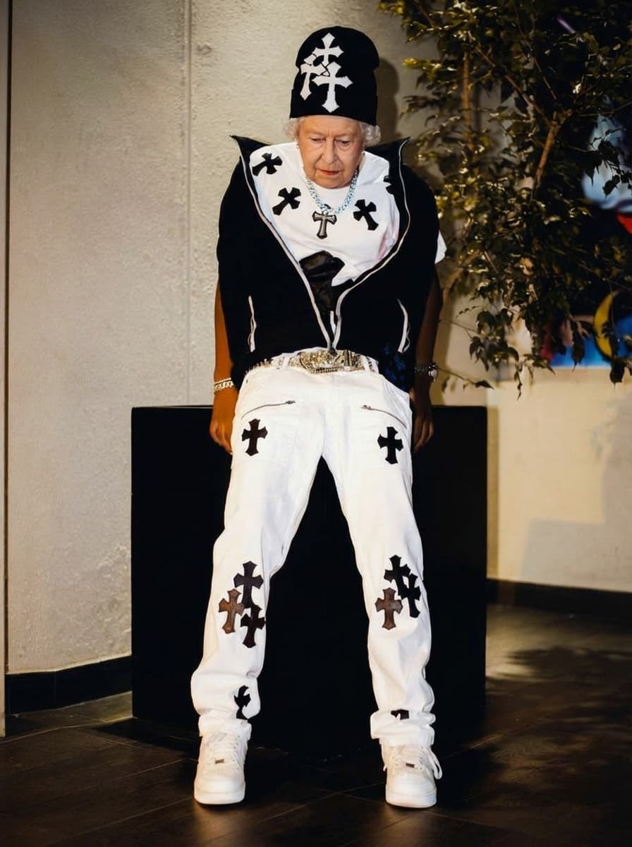 Use the provided image as the base reference. Maintain the exact same environment lighting, camera angle, pose, outfit structure, and composition from the original image.
Replace the original subject with Queen Elizabeth II,Political Leader wearing outfits attached
