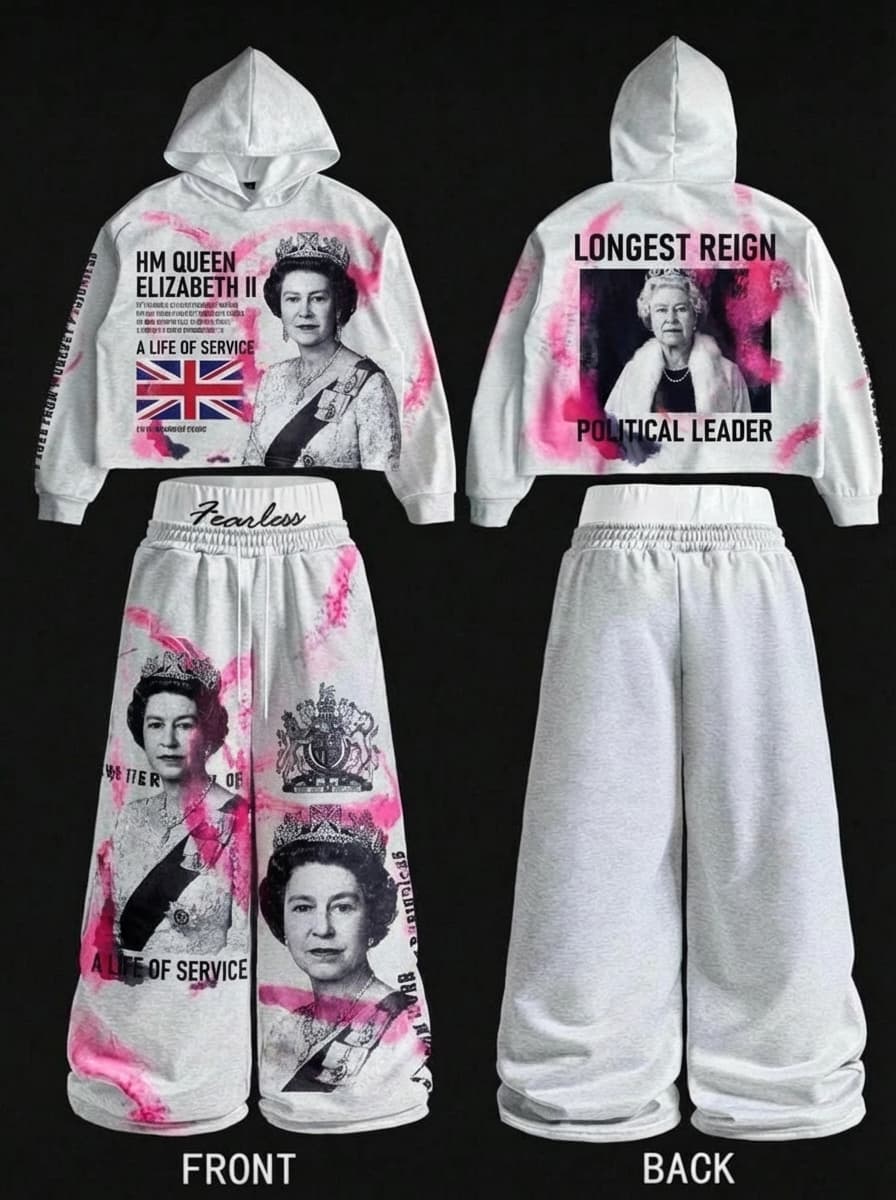 Use the provided image as the base reference. Maintain the exact same environment lighting, camera angle, pose, outfit structure, and composition from the original image.
Replace the original subject with Queen Elizabeth II,Political Leader wearing outfits attached
