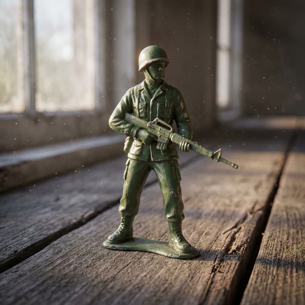 **Subject:** A single, meticulously detailed vintage green plastic toy soldier, standing at attention, weathered and slightly chipped, with a faint sheen on its surface.

**Environment:** Perched precariously on a rough, textured wooden floor, perhaps a worn antique desk or a dusty attic floorboard. Soft, natural light from a nearby window casts subtle shadows, highlighting the soldier's contours. A few dust motes are visible in the air, catching the light.

**Composition:** Eye-level, slightly wide-angle shot, focusing on the toy soldier with a shallow depth of field, blurring the background just enough to create a sense of scale and focus. Rule of thirds applied, positioning the soldier slightly off-center.

**Lighting:** Soft, diffused natural light from a north-facing window, creating gentle highlights and shadows. A subtle rim light from the back-right accentuates the soldier's silhouette.

**Color Palette:** Predominantly muted greens, browns, and grays, with subtle variations in the soldier's plastic and the wooden surface. A hint of warm, golden light from the sunbeam adds depth.

**Mood:** Nostalgic, melancholic, evoking a sense of forgotten childhood memories and quiet resilience.

**Photography Style:** Hyperrealistic, macro photography with an emphasis on texture and detail.

**Camera:** High-end DSLR or mirrorless camera (e.g., Sony A7R V, Canon EOS R5)

**Lens:** Macro lens (e.g., Sony FE 90mm f/2.8 Macro G OSS, Canon RF 100mm f/2.8L Macro IS USM)

**Aperture:** f/2.8 - f/4.0 (for shallow depth of field)

**Shutter Speed:** Appropriately fast to avoid motion blur, given the static subject.

**ISO:** Low, to minimize noise and maximize detail.

**Post-Processing:** Subtle color grading to enhance the nostalgic mood, minor dust removal, and sharpening to bring out the intricate details. No excessive manipulation.

**Keywords:** Toy soldier, vintage, plastic, green, weathered, chipped, macro, hyperrealistic, detailed, texture, wood, dust, nostalgic, childhood, antique, natural light, shallow depth of field, high resolution, 8K.