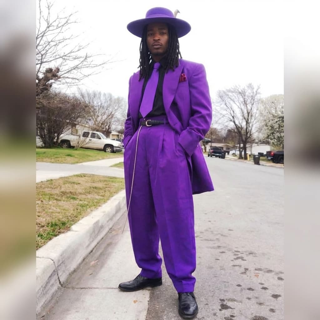 put man sitting down in purple outfit matching lighting and stance of man in purple outfit and location
