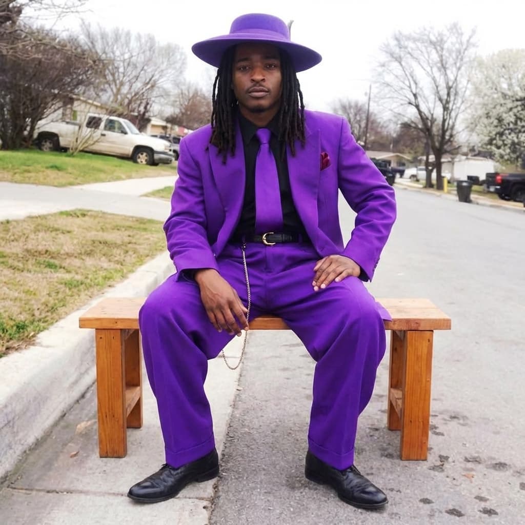 put man sitting down in purple outfit matching lighting and stance of man in purple outfit and location