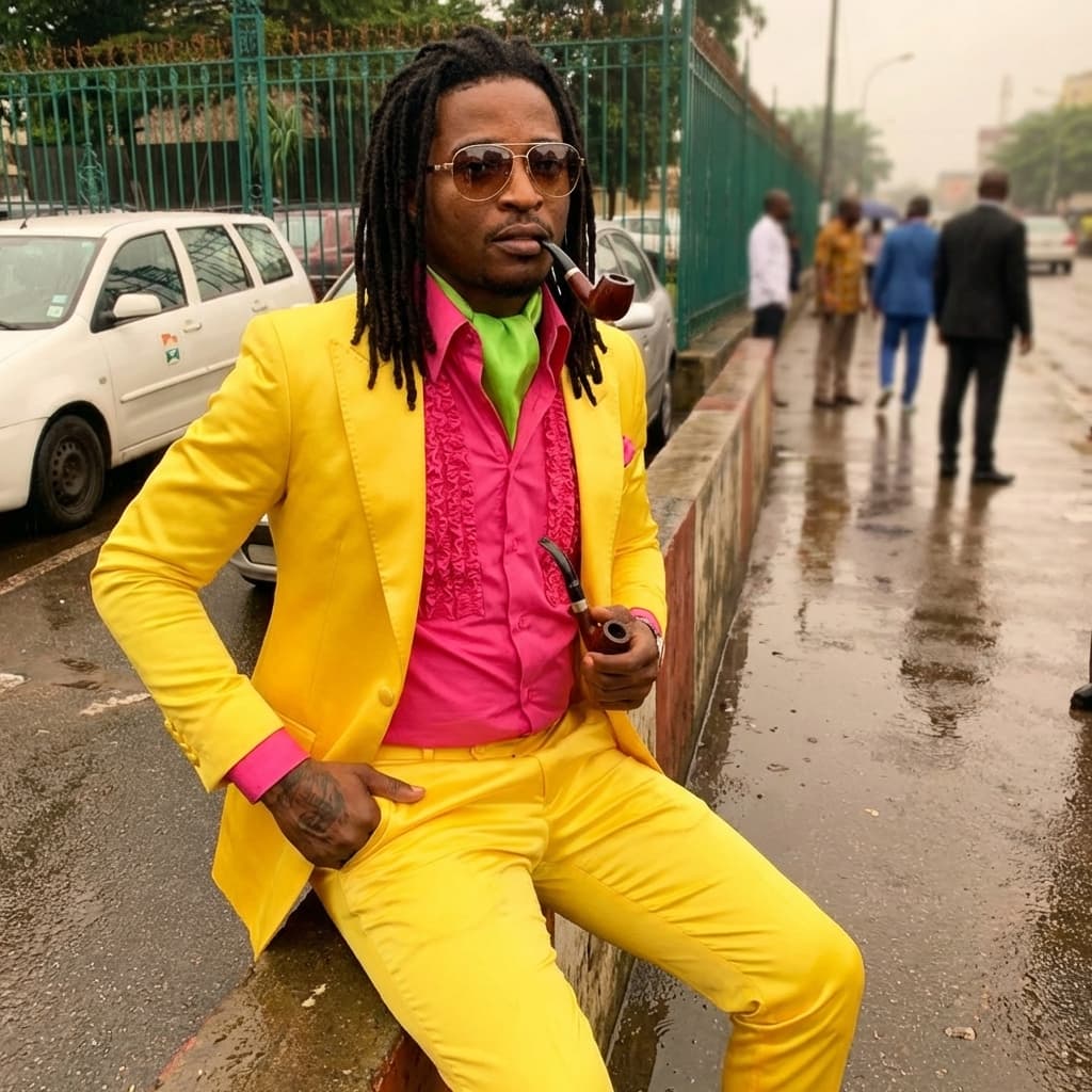 put man sitting down in yellow outfit matching lighting and stance of man in yellow outfit and location