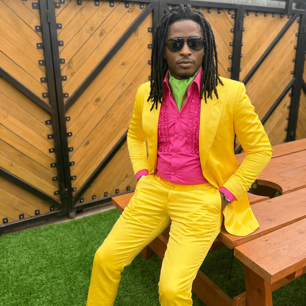 put man sitting down in yellow outfit matching lighting and stance of man in yellow outfit and location