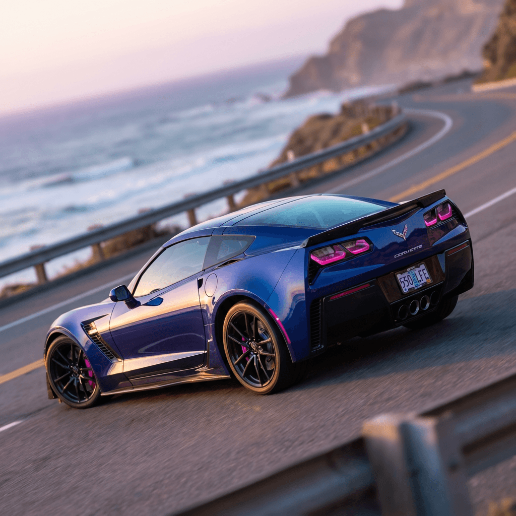 A sleek, modern Chevrolet Corvette in a stunning vibrant blue, captured in a high-resolution cinematic shot. The car is positioned dynamically on a coastal highway during the golden hour, with soft sunlight reflecting off the polished metallic paint and aerodynamic curves. Shallow depth of field with a blurred scenic background, professional automotive photography, 8k resolution, sharp details, luxury aesthetic.. Color palette: primary #8B5CF6, secondary #EC4899, accent #06B6D4