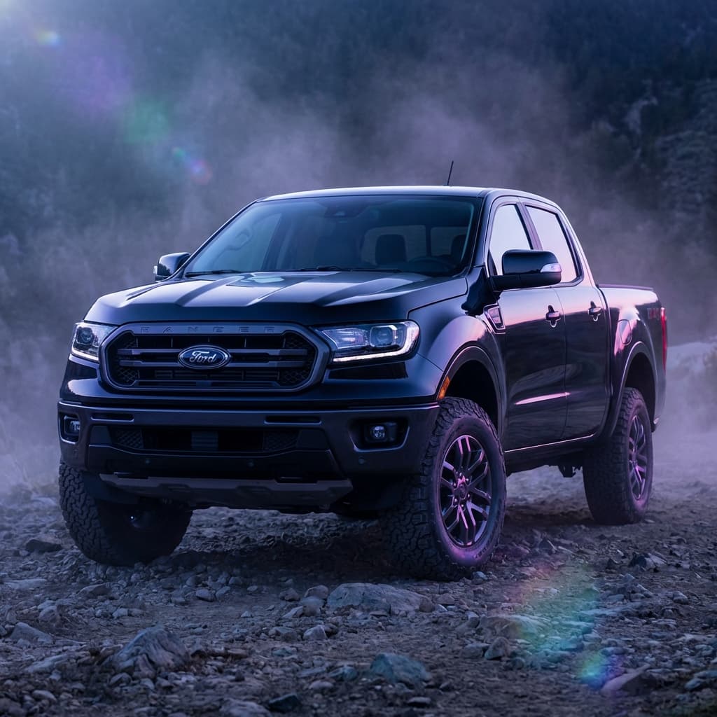 A professional, high-resolution cinematic shot of a sleek, midnight black Ford Ranger. The truck is positioned dynamically on a rugged mountain trail during the blue hour, with cool ambient light highlighting its bold lines and metallic finish. Atmospheric lighting with subtle lens flares, sharp details on the grille and tires, 8k resolution, luxury automotive photography style. Incorporate subtle accents of brand colors #8B5CF6, #EC4899, and #06B6D4 in the environmental lighting or reflections.. Color palette: primary #8B5CF6, secondary #EC4899, accent #06B6D4