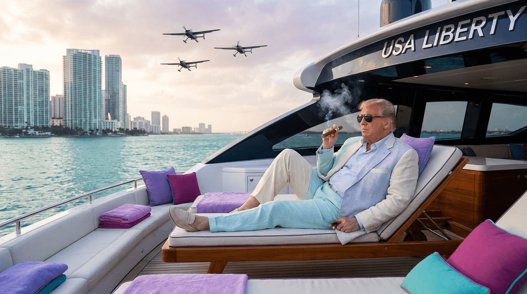 A cinematic, high-detail photograph of Donald Trump relaxing on a luxury yacht in Miami. He is wearing a casual summer suit, smoking a premium cigar with a puff of smoke in the air. In the bright blue Miami sky, several Iranian Shahed-style drones are hovering in the distance. The scene features vibrant tropical lighting, crystal clear turquoise water, the Miami skyline visible in the background, and a high-end luxury aesthetic. Hyper-realistic, 8k resolution, sharp focus.. Color palette: primary #8B5CF6, secondary #EC4899, accent #06B6D4