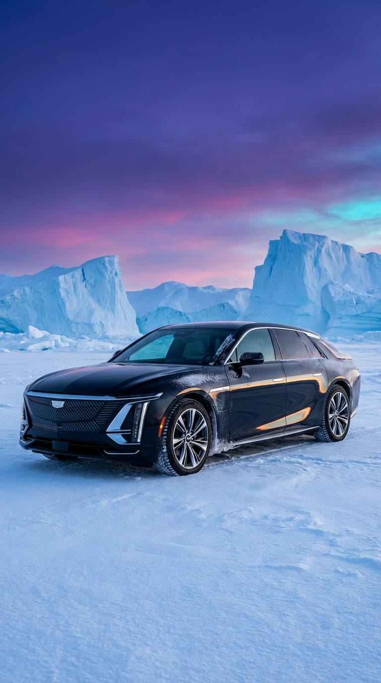 A cinematic, high-resolution shot of a sleek, polished black Cadillac luxury sedan parked amidst the vast, pristine white landscapes of Antarctica. The car's glossy black paint creates a sharp, mirror-like contrast against the blinding white snow and towering blue-tinted icebergs. Dramatic lighting with a cold, crisp atmosphere, subtle frost forming on the edges of the vehicle, wide-angle composition to emphasize the isolation and scale of the frozen wilderness. 8k resolution, photorealistic, automotive photography style.. Color palette: primary #8B5CF6, secondary #EC4899, accent #06B6D4