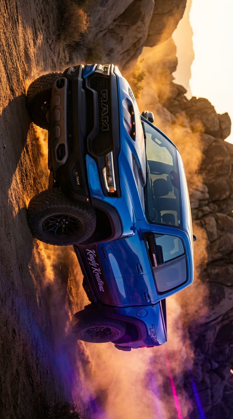 A professional, high-resolution cinematic shot of a RAM TRX truck in a vibrant electric blue. The truck is positioned dynamically on a rugged off-road terrain with dust kicking up around the tires. Lighting is dramatic golden hour sunlight, highlighting the muscular body lines and aggressive grille. High contrast, hyper-realistic, 8k resolution, automotive photography style. Incorporate subtle accents of royal purple and hot pink in the ambient lighting to align with the Kingly Kreationz brand aesthetic.. Color palette: primary #8B5CF6, secondary #EC4899, accent #06B6D4