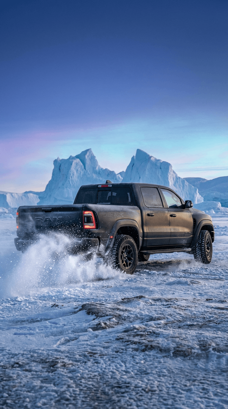 A professional automotive photography shot of a sleek, matte black RAM TRX truck traversing the frozen landscapes of Antarctica. The truck is positioned dynamically, kicking up a spray of crystalline snow and ice. The background features towering, jagged blue-white icebergs and a vast, shimmering frozen tundra under a crisp, cold Arctic light. High contrast, cinematic lighting, 8k resolution, hyper-realistic textures of the frozen ground and the metallic finish of the truck, extreme detail.. Color palette: primary #8B5CF6, secondary #EC4899, accent #06B6D4