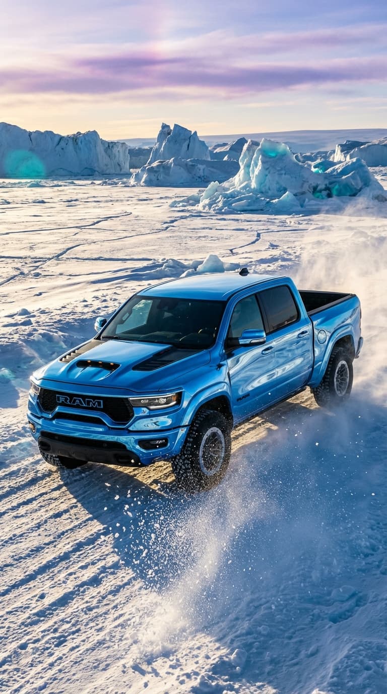 A professional automotive photography shot of a stunning chrome blue RAM TRX truck traversing the frozen landscapes of Antarctica. The truck's body has a high-gloss, reflective chrome blue finish that mirrors the surrounding icy environment. The truck is positioned dynamically, kicking up a spray of crystalline snow and ice. The background features towering, jagged blue-white icebergs and a vast, shimmering frozen tundra under a crisp, cold Arctic light. High contrast, cinematic lighting, 8k resolution, hyper-realistic textures of the frozen ground and the reflective metallic finish, extreme detail.. Color palette: primary #8B5CF6, secondary #EC4899, accent #06B6D4