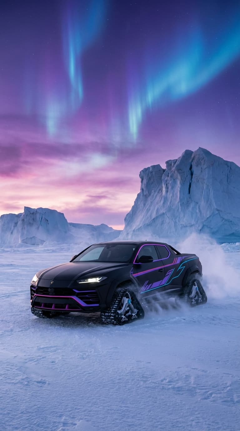 a sleek black Lamborghini car truck in Antarctica, wide-angle shot, snowy landscape, dramatic lighting, 9:16 aspect ratio. Color palette: primary #8B5CF6, secondary #EC4899, accent #06B6D4