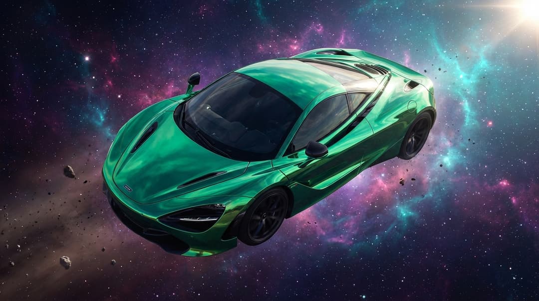 A chrome green McLaren floating in space, with nebulae and stars in the background. Highly detailed, realistic, cinematic lighting, dramatic angle.. Color palette: primary #8B5CF6, secondary #EC4899, accent #06B6D4