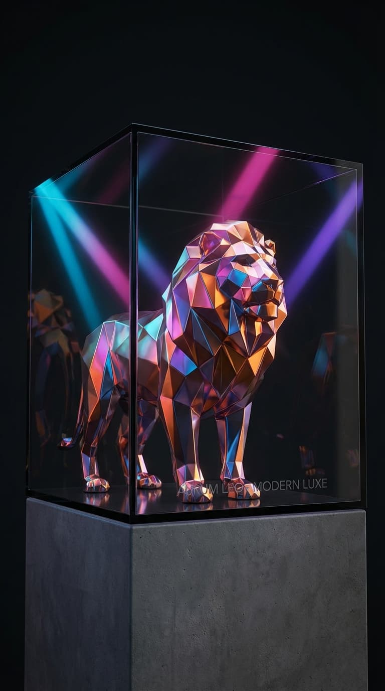modern art style: A majestic chrome orange lion, meticulously detailed, encased within a sleek, transparent black glass display case. The lion should be in a powerful, stoic pose, with light reflecting off its metallic surface. The black glass case should have subtle refractions, hinting at its structure without obscuring the lion. The background should be a minimalist, dark studio setting, allowing the lion and its case to be the sole focus. Professional studio lighting should highlight the chrome's sheen and the glass's reflective qualities. This image should evoke a sense of modern art and luxury.. Color palette: primary #8B5CF6, secondary #EC4899, accent #06B6D4