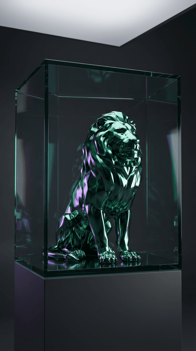 modern art style: A majestic chrome green lion, meticulously detailed, encased within a sleek, transparent black glass display case. The lion should be in a powerful, stoic pose, with light reflecting off its metallic surface. The black glass case should have subtle refractions, hinting at its structure without obscuring the lion. The background should be a minimalist, dark studio setting, allowing the lion and its case to be the sole focus. Professional studio lighting should highlight the chrome's sheen and the glass's reflective qualities. This image should evoke a sense of modern art and luxury.. Color palette: primary #8B5CF6, secondary #EC4899, accent #06B6D4