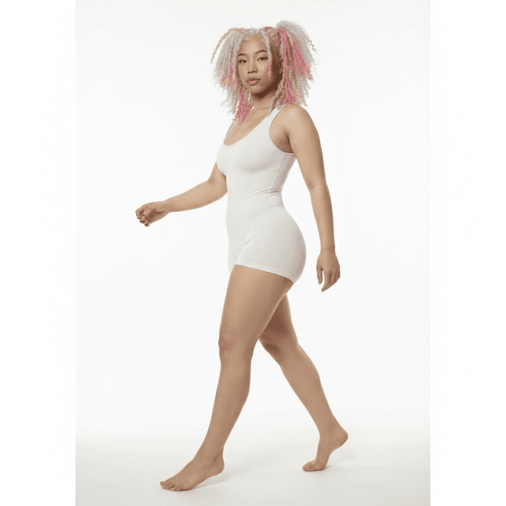 a full-body shot of the reference model, wearing the exact same outfit as INPUT_IMAGE, captured at eye-level from a 45-degree angle, with the model in mid-stride, right foot about to strike, left arm slightly forward, right arm back, head looking towards the camera, a natural and dynamic posture, seamless pure white studio background, professional studio lighting, clean subject isolation, photorealistic skin detail, natural micro-shadows and accurate light falloff, sharp, clean, realistic, no distortions, no deformed anatomy, no extra limbs, no warped face, no inaccurate skin tone, no cartoon style