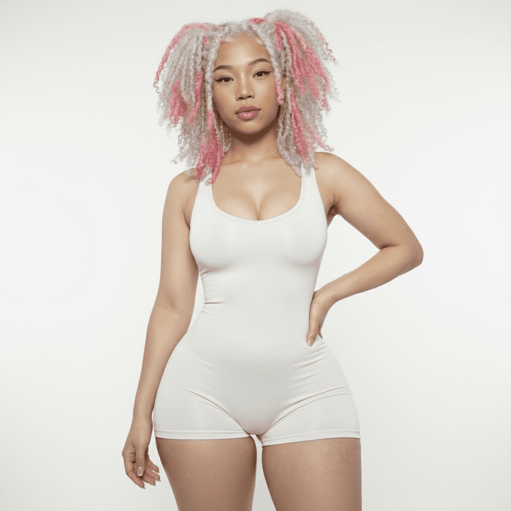 a mid-body portrait of the subject, wearing the exact same outfit as INPUT_IMAGE, facing forward with a slight head tilt to the left, left arm gently bent with fingers relaxed, right hand resting on hip, weight slightly shifted to the left leg, taken from a slightly low angle, seamless pure white studio background, professional studio lighting, clean subject isolation, photorealistic skin detail, natural micro-shadows and accurate light falloff, sharp, clean, realistic, no distortions, no deformed anatomy, no extra limbs, no warped face, no inaccurate skin tone, no cartoon style