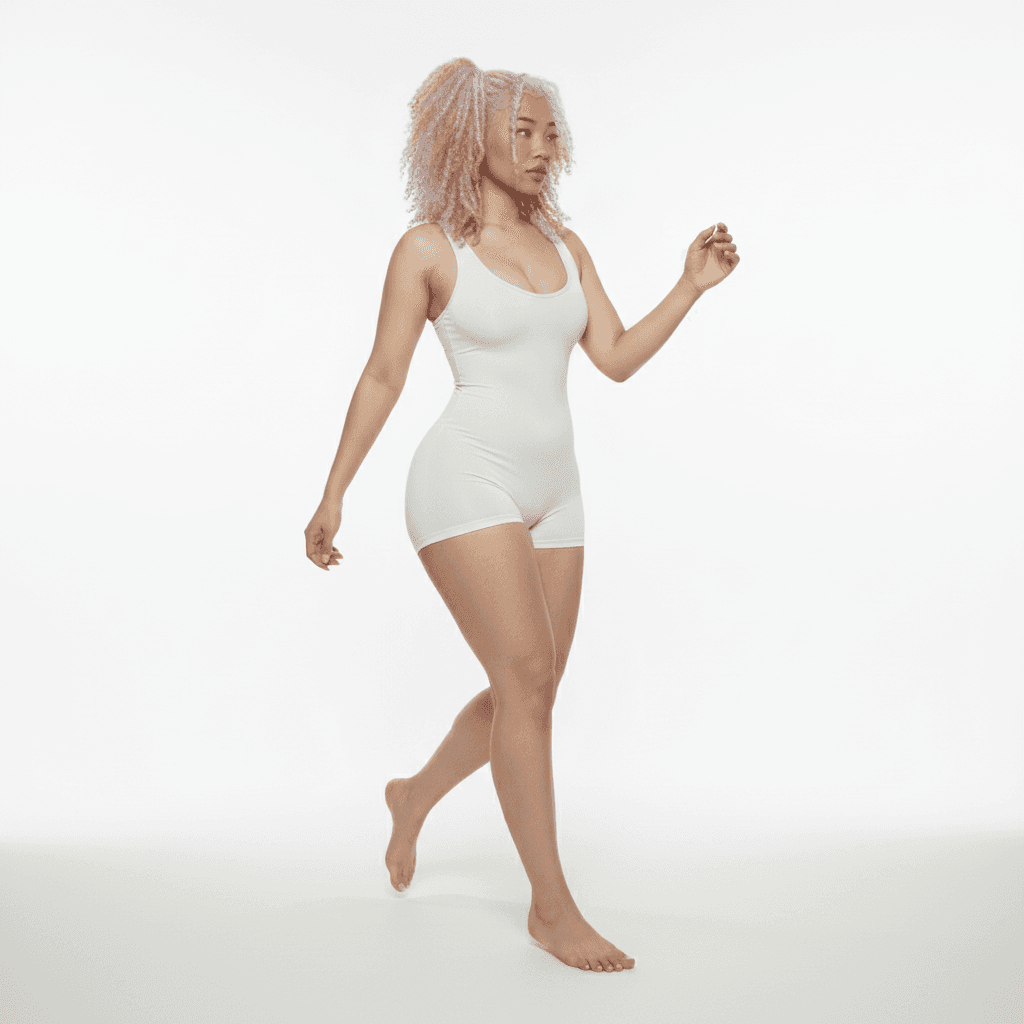 a full-body shot of the subject, wearing the exact same outfit as INPUT_IMAGE, captured in mid-stride with the left foot slightly lifted from the ground, right arm swinging forward, left arm back, head turned subtly to the right, taken from a 45-degree angle, seamless pure white studio background, professional studio lighting, clean subject isolation, photorealistic skin detail, natural micro-shadows and accurate light falloff, sharp, clean, realistic, no distortions, no deformed anatomy, no extra limbs, no warped face, no inaccurate skin tone, no cartoon style [Variation 2: Create a unique variation]