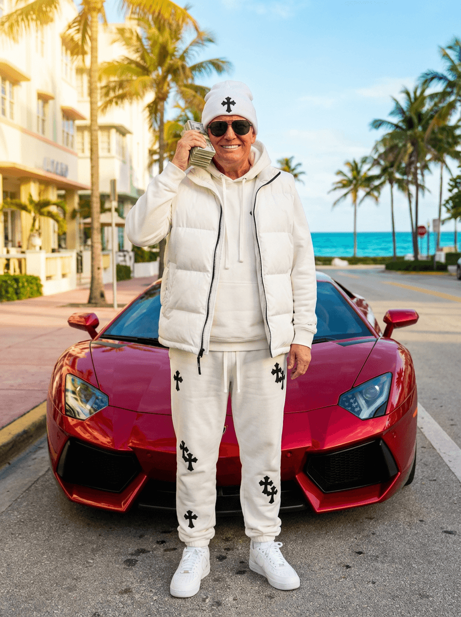 Donald Trump stands confidently in front of a glossy red Lamborghini Aventador parked on a sun-drenched Miami Beach street lined with palm trees and Art Deco buildings, wearing a white puffer vest and matching sweatpants adorned with black cross motifs, a white hoodie underneath, white sneakers, and a white beanie with a black cross emblem, holding a thick stack of cash to his ear like a phone while smiling broadly, wearing dark sunglasses, the scene bathed in bright midday sunlight with vivid blue skies and turquoise ocean visible in the background, photorealistic, high detail, sharp focus on Trump and the car, shallow depth of field blurring the background slightly, luxury lifestyle aesthetic, high fashion streetwear, Miami Vice vibe, ultra HD, 8K resolution, cinematic lighting, golden hour glow even though it’s midday, dynamic composition with Trump centered and the car angled to show its aggressive front design.