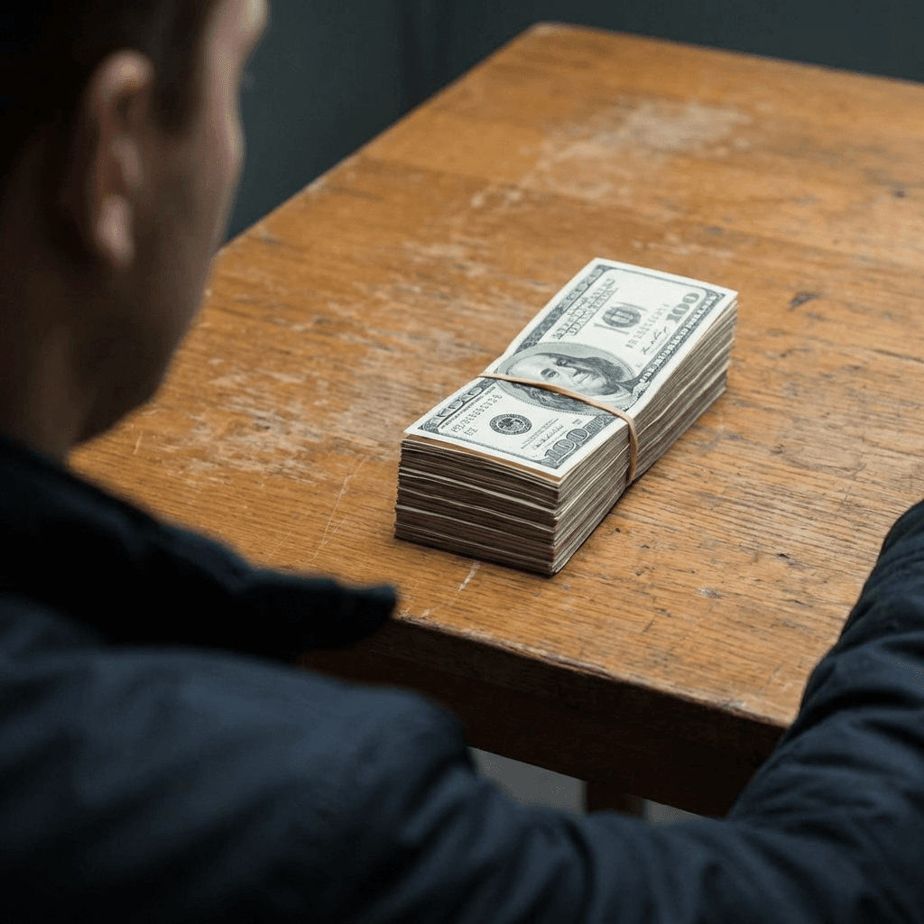 Shot from a rear view (180°), slight high-angle looking down (camera tilted 16° above eye level), medium shot (zoom 20%). stack of money