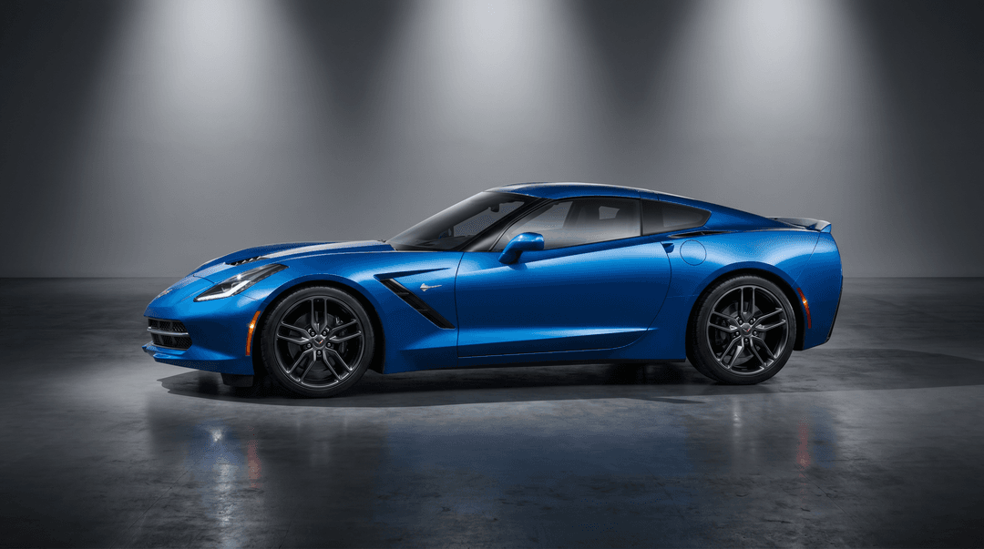 A sleek blue Chevrolet Corvette sports car, glossy metallic blue paint, dramatic studio lighting, side-angle shot, high detail, photorealistic