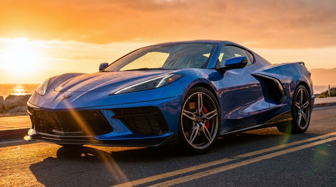 A sleek blue Chevrolet Corvette sports car, glossy metallic blue paint, dramatic lighting, photorealistic