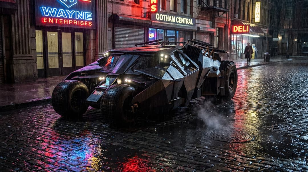 The Batmobile from the Christopher Nolan Dark Knight trilogy — the Tumbler — in matte black, parked on a wet Gotham City street at night with neon reflections, dramatic cinematic lighting, low angle hero shot, photorealistic, ultra detailed