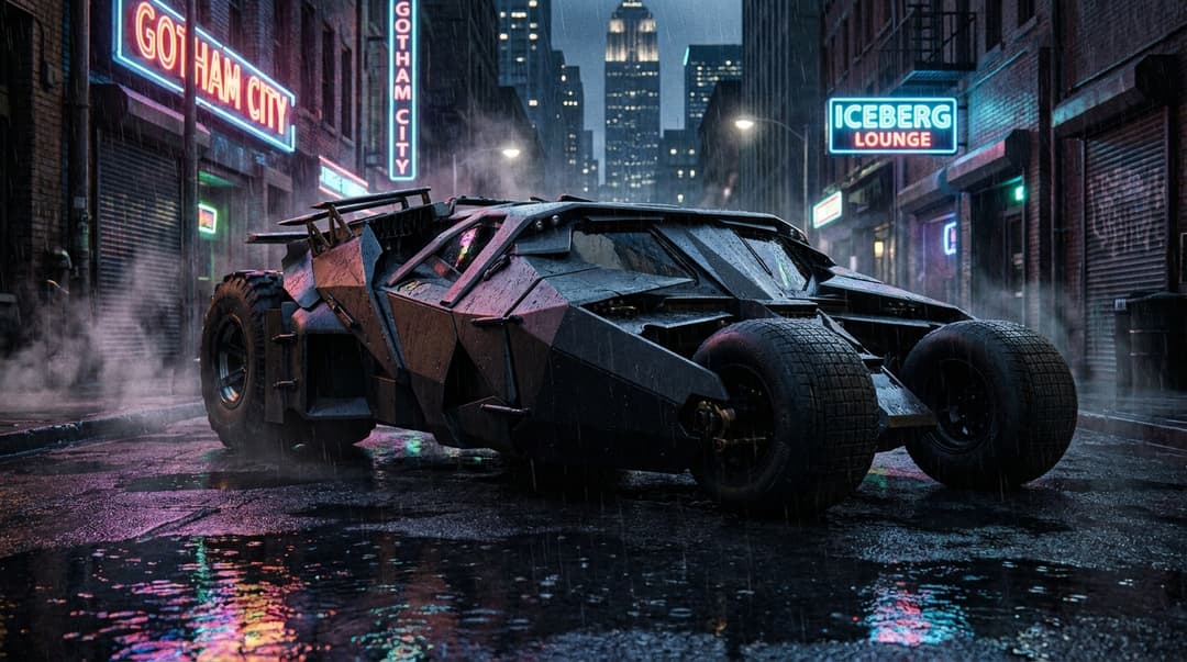 The Batmobile Tumbler from the Nolan Dark Knight trilogy, matte black, parked on a wet neon-lit Gotham street at night, low-angle cinematic hero shot, photorealistic