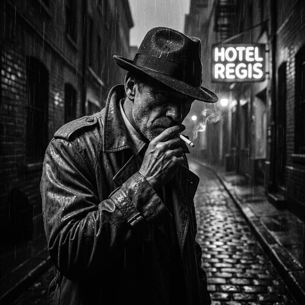 A moody noir-style portrait of a detective at 3am, dimly lit, shadows, rain, film grain, black and white
