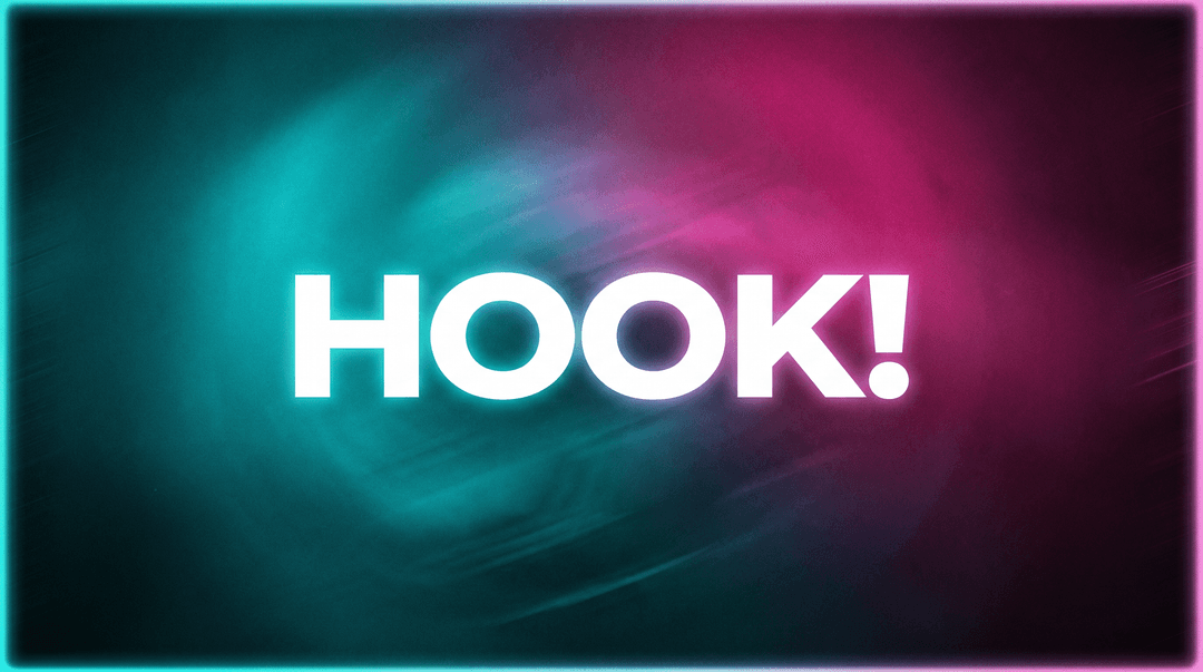 Cinematic vertical-style frame for a 'punchy short hook' social video template: bold sans-serif text overlay "HOOK!" centered, dramatic teal-and-magenta gradient background, soft film grain, subtle motion blur streaks, 16:9 composition cropped from vertical, premium editorial aesthetic, no logos