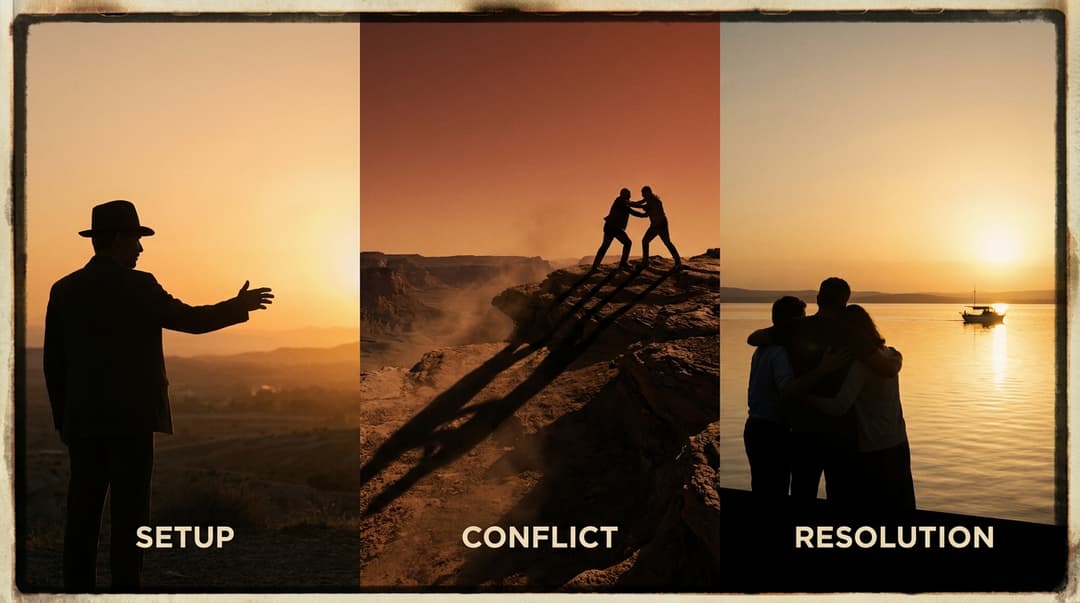 Cinematic three-act story-arc poster montage: a triptych of three cinematic stills (setup, conflict, resolution) blended seamlessly with golden-hour warm tones, dramatic lighting, characters silhouetted, film-still composition, 16:9, premium movie-poster aesthetic, no text