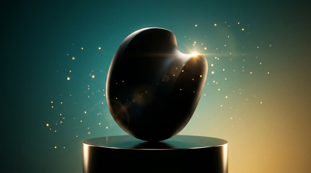 Hero product reveal frame: a sleek matte-black abstract product silhouette on a rotating pedestal, premium teal and gold gradient background, dramatic rim lighting and lens flare, particles of light, luxury commercial aesthetic, 16:9, no text, no logos