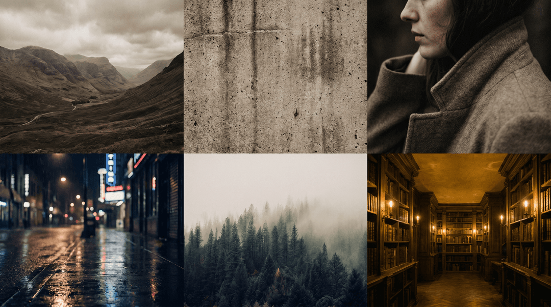 Cinematic mood-board grid: 2x3 collage of muted cinematic stills — moody landscape, close-up texture, atmospheric portrait, neon street, foggy forest, golden interior — desaturated film-grain finish, unified palette, premium editorial mood-board layout, 16:9, no text