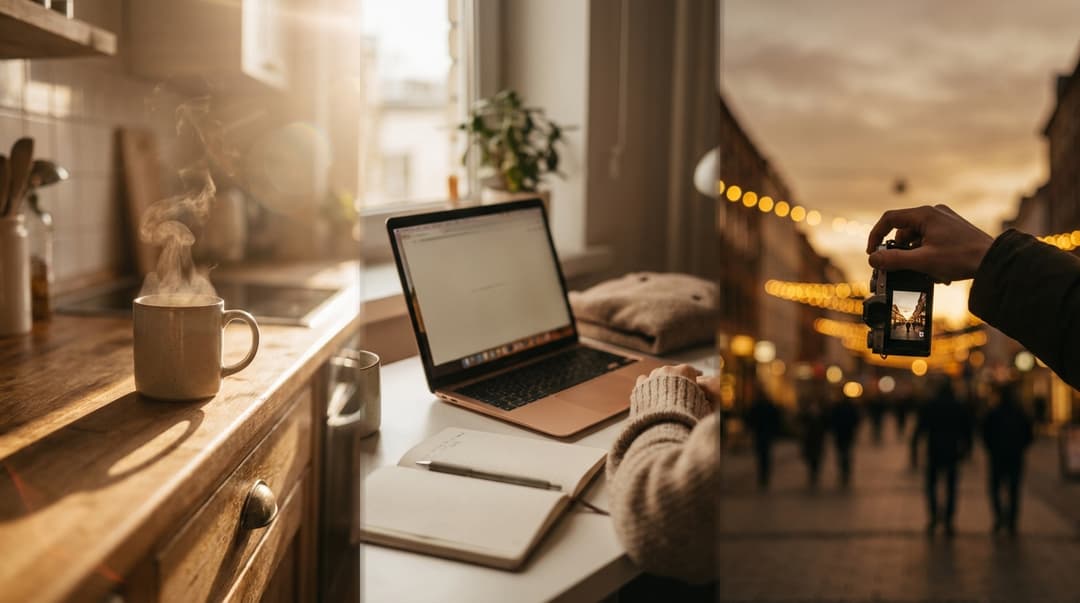Warm vlog/day-in-the-life composite: morning coffee on a sunny kitchen counter softly blended with a laptop workspace and an evening city walk, warm golden tones, lifestyle aesthetic, soft bokeh, candid feel, 16:9, no text