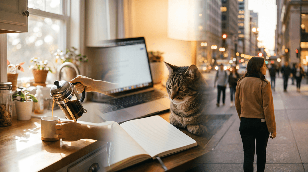 Warm vlog/day-in-the-life composite: morning coffee on a sunny kitchen counter softly blended with a laptop workspace and an evening city walk, warm golden tones, lifestyle aesthetic, soft bokeh, candid feel, 16:9, no text