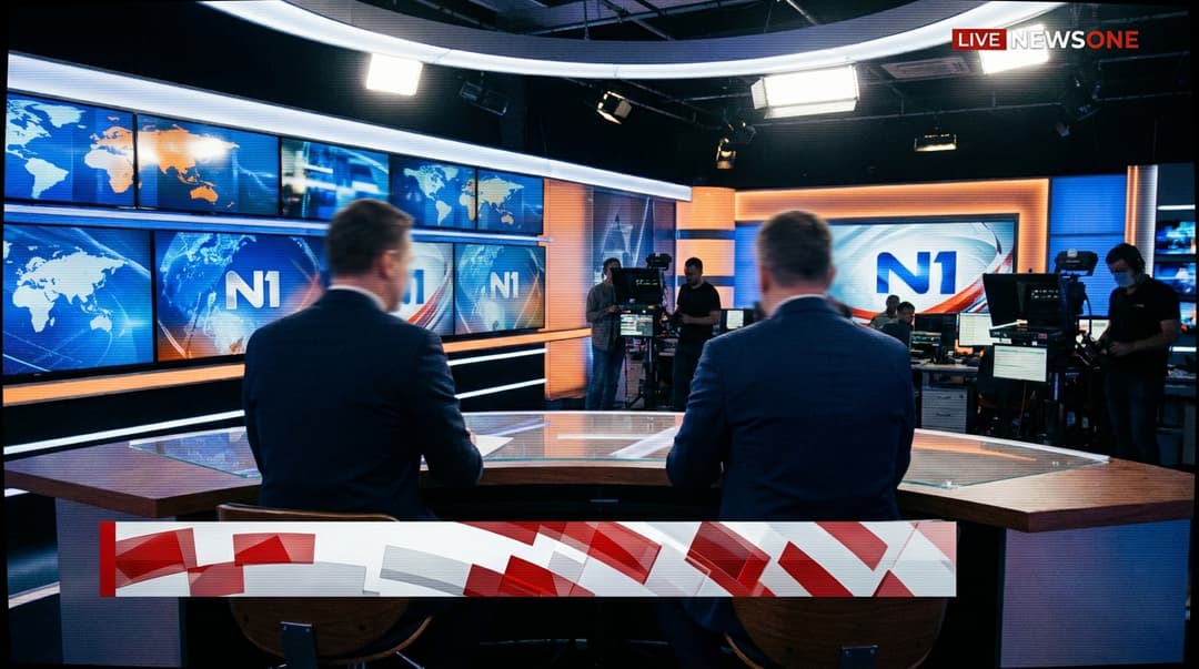Broadcast news-brief still: a news anchor desk seen from behind, glowing studio screens, a lower-third graphic bar across the bottom (no readable text, just abstract red+white shapes), professional newsroom lighting, 16:9, editorial broadcast aesthetic