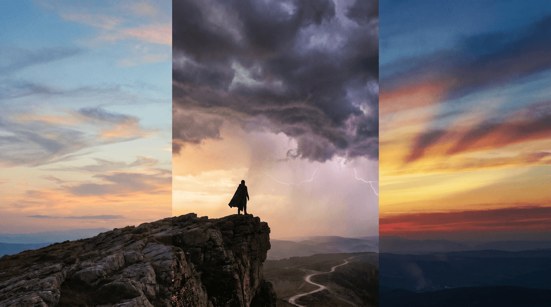 Cinematic three-act story-arc movie poster: a tall striking single composition of a lone protagonist silhouette standing on a dramatic cliff at golden hour, with three layered emotional moods blended subtly into the sky — calm dawn on the left, stormy conflict in the middle, warm resolution sunset on the right; cinematic film-still, premium movie-poster aesthetic, 16:9, no text