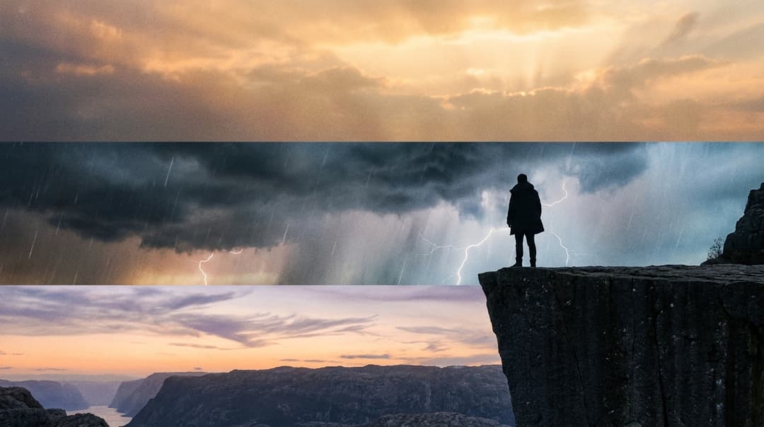 Cinematic three-act story-arc poster: a lone protagonist silhouette on a dramatic cliff at golden hour, layered emotional moods in the sky (calm dawn, stormy conflict, warm resolution), cinematic film-still, premium movie-poster aesthetic, 16:9, no text