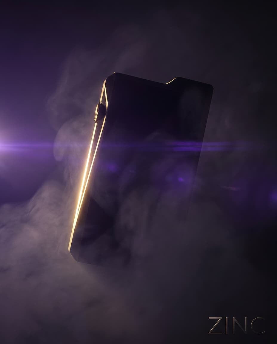 Mysterious teaser frame for Zinc: dramatic medium-pace lighting, deep shadows with a single rim-light hinting at a product silhouette, premium gradient background using accent color #7c3aed, lens flare, atmospheric mist, ultra-detailed product-photography aesthetic