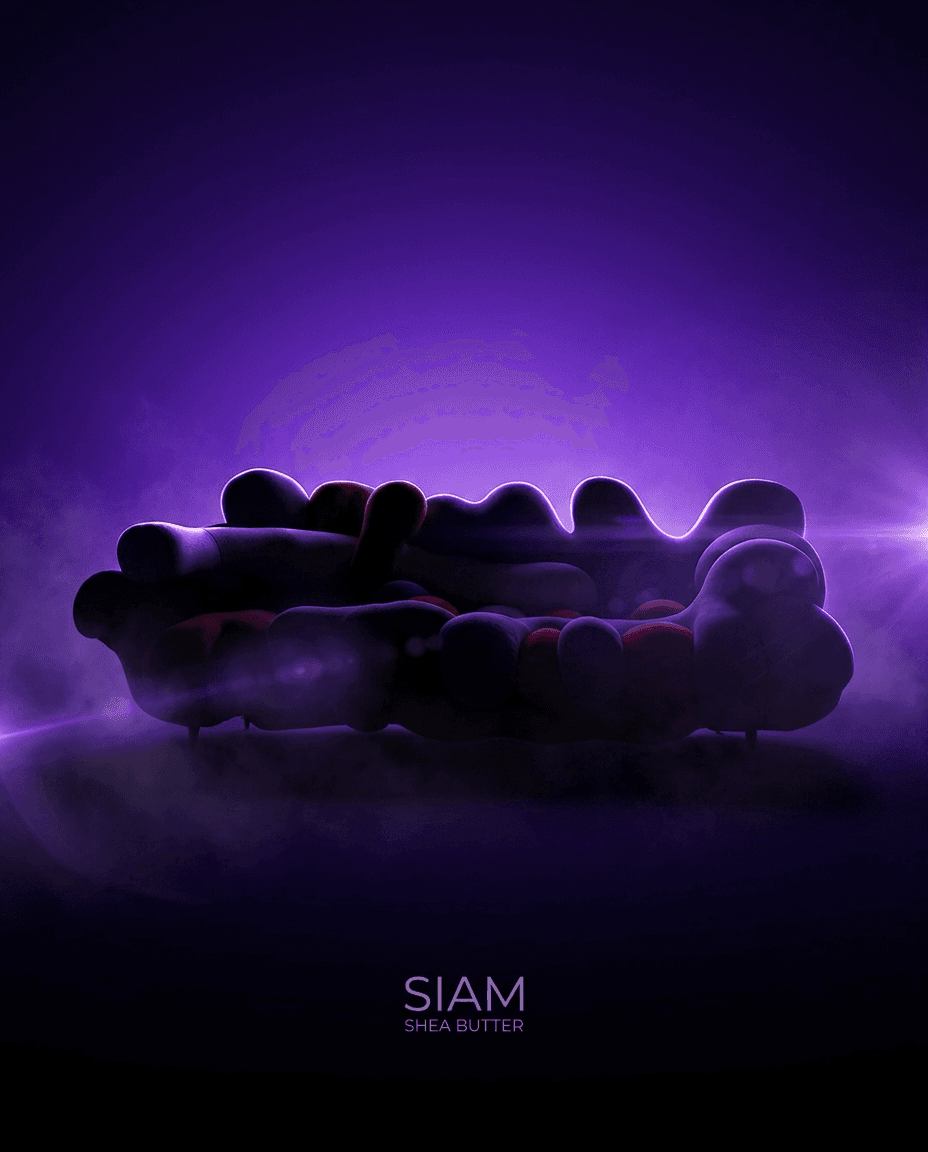 Mysterious teaser frame for Siam Shea Butter: dramatic medium-pace lighting in HYPE BEAST COMBO, deep shadows with a single rim-light hinting at a product silhouette, premium gradient background using accent color #7c3aed, lens flare, atmospheric mist, relatable product showcase shea butter brand voice, ultra-detailed product-photography aesthetic