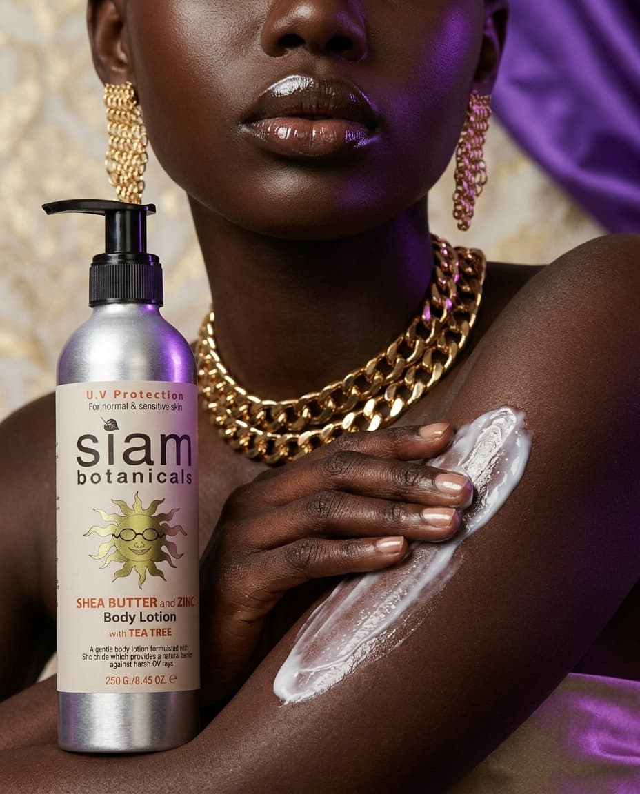 Macro close-up product feature shot for Siam Shea Butter: MARINA demonstrates the product details, preserve this character appearance: MARINA, extreme detail on textures and materials, soft directional lighting with accent #7c3aed, shallow depth of field, premium commercial product photography, medium-pace mood, relatable product showcase shea butter tone

IMPORTANT - Maintain strict visual consistency for these characters:

Character "MARINA": 

Each character must look EXACTLY as described throughout all scenes. Pay attention to:
- Face structure and features
- Hair color, style, and length  
- Body type and proportions
- Clothing and accessories
- Any distinctive features or markings