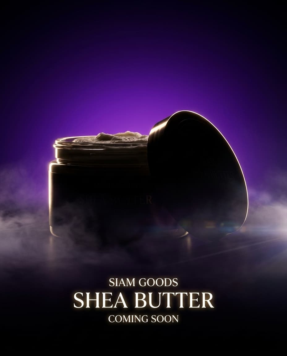 Mysterious teaser frame for Siam Goods: dramatic medium-pace lighting in HYPE BEAST COMBO, deep shadows with a single rim-light hinting at a product silhouette, premium gradient background using accent color #7c3aed, lens flare, atmospheric mist, importance of shea butter brand voice, ultra-detailed product-photography aesthetic