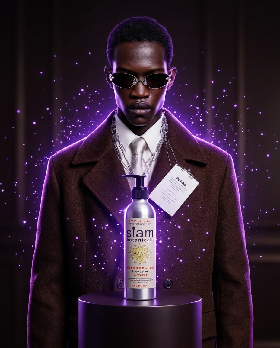 Cinematic hero product reveal in HYPE BEAST COMBO: MARK presents the product centered on a premium pedestal, spokesperson appearance: cINEMATIC aFRICAN amERICAN FASHION MODEL, dramatic rim-lighting in accent color #7c3aed, sparkling particles, polished commercial photography, hyper-detailed, medium-pace energy, Siam Goods aesthetic, importance of shea butter brand voice, no text overlays

IMPORTANT - Maintain strict visual consistency for these characters:

Character "MARK": cINEMATIC aFRICAN amERICAN FASHION MODEL

Each character must look EXACTLY as described throughout all scenes. Pay attention to:
- Face structure and features
- Hair color, style, and length  
- Body type and proportions
- Clothing and accessories
- Any distinctive features or markings